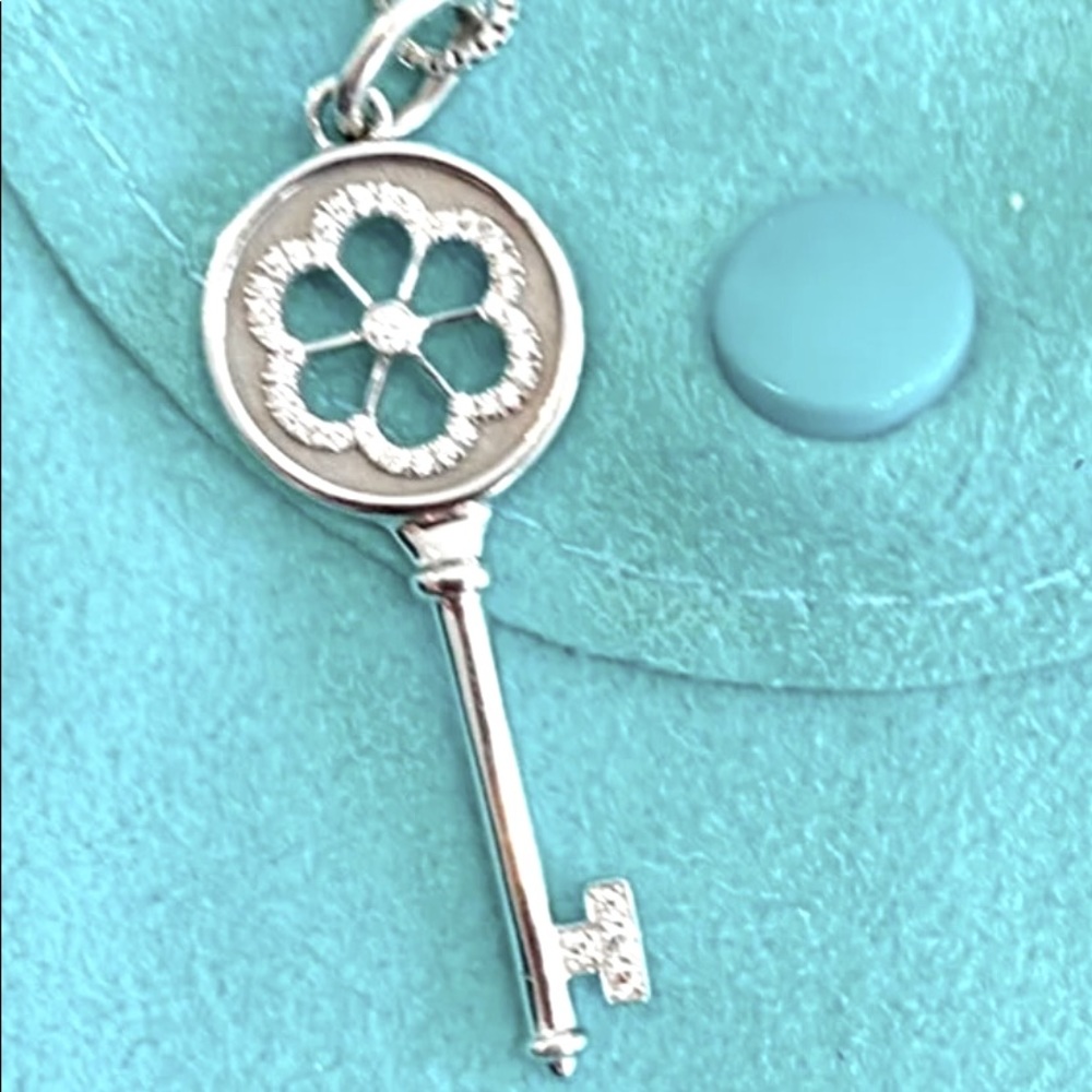Tiffany & Co. 18k White Gold & Diamond Encrusted Open Bloom Key Pendant + Chain